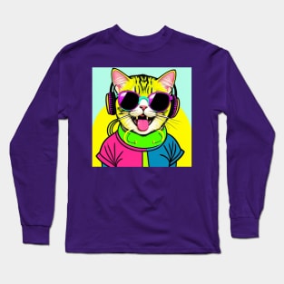 Laughing Retro Cat With Headphones Long Sleeve T-Shirt